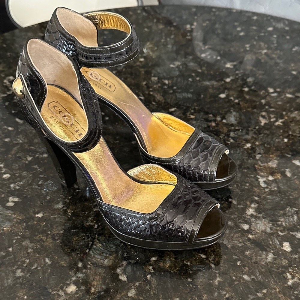 Coach Textured Black Heels with Gold Accents